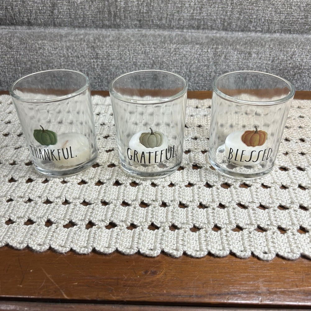 Rae Dunn Fall Decor Candle Votive Set Thankful Grateful Blessed Thanksgiving NEW